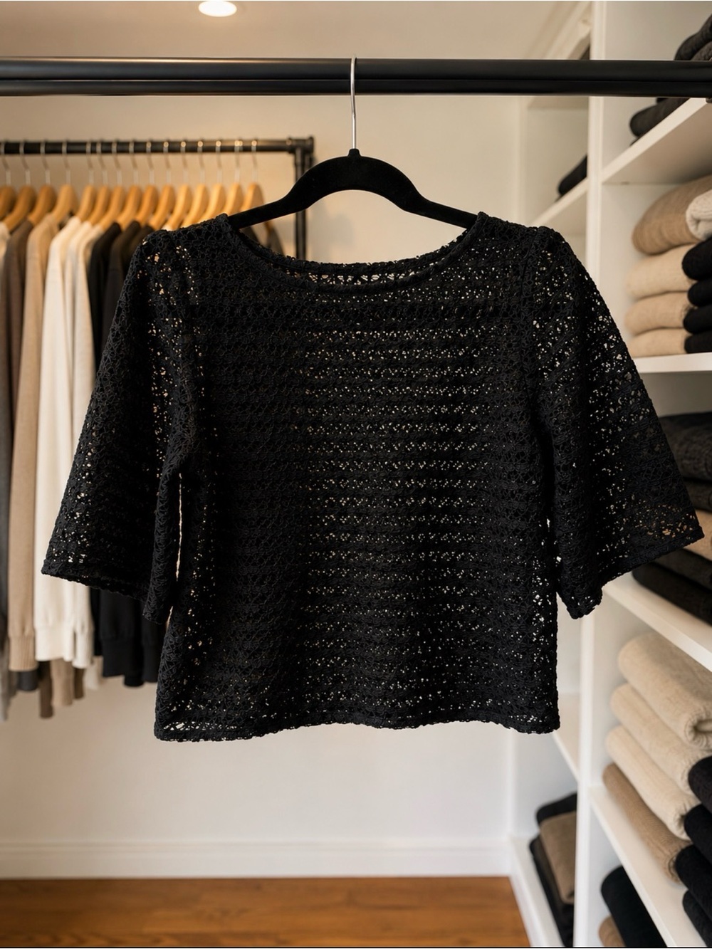 American Apparel Black Crochet Knit Boxy Top